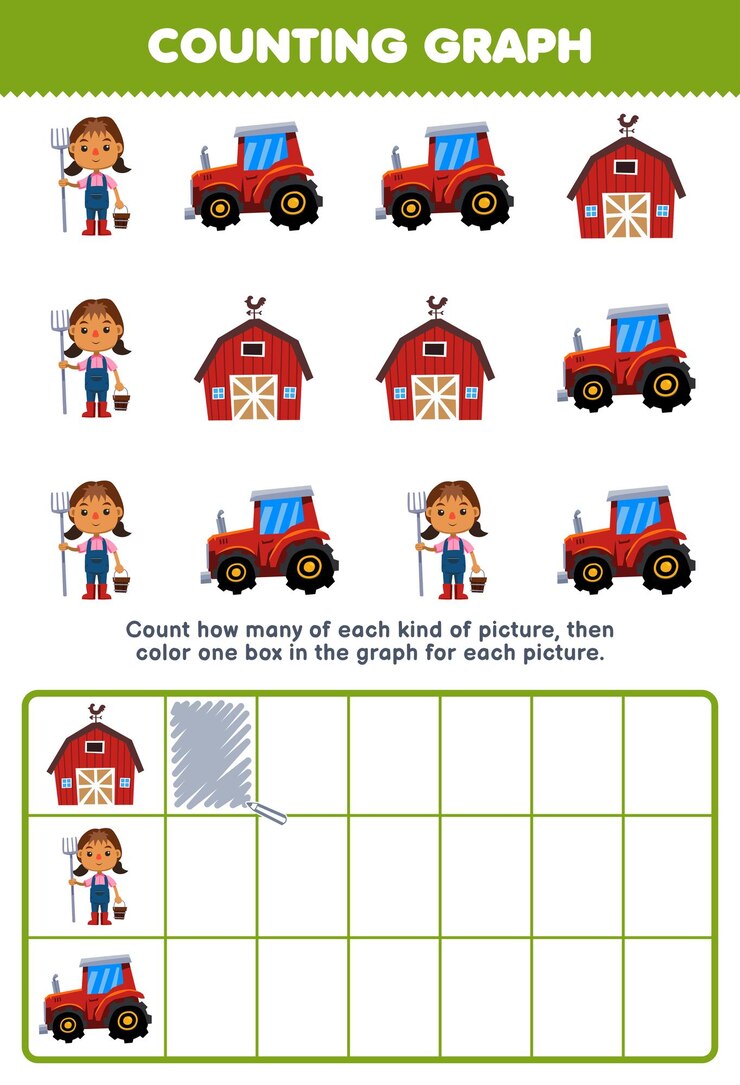 Vector el juego educativo para niños cuenta cuántos tractores de granero de granjero de dibujos animados lindos luego colorean el cuadro en la hoja de trabajo de profesión imprimible del gráfico