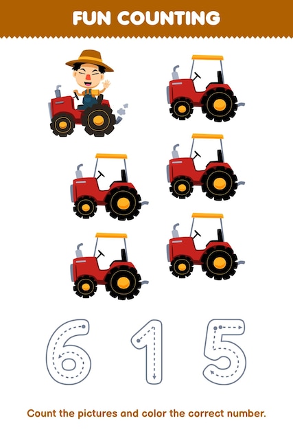 El juego educativo para niños cuenta las imágenes y colorea el número correcto de la hoja de trabajo de la granja imprimible del tractor de dibujos animados lindo