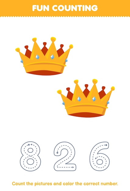 El juego educativo para niños cuenta las imágenes y colorea el número correcto de la hoja de trabajo imprimible de la ropa ponible de la corona amarilla de dibujos animados
