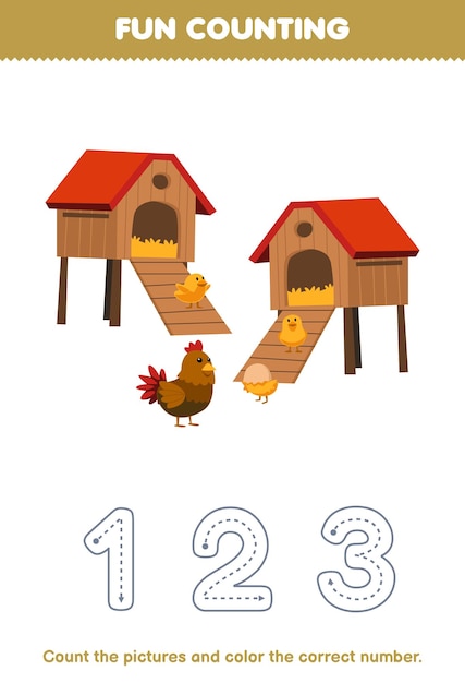 El juego educativo para niños cuenta las imágenes y colorea el número correcto de la linda hoja de trabajo imprimible de la granja del gallinero de dibujos animados