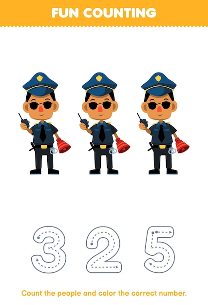 El juego educativo para niños cuenta las imágenes y colorea el número correcto de la linda hoja de trabajo imprimible de la profesión de policía de dibujos animados