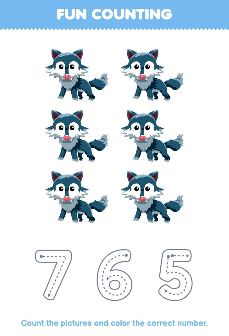 Vector juego educativo para niños, cuente las imágenes y coloree el número correcto de la hoja de trabajo imprimible de animales de dibujos animados lindo lobo azul
