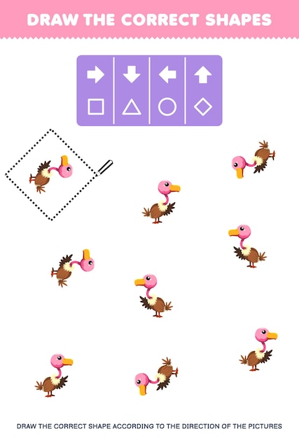 El juego educativo para niños dibuja la forma correcta de acuerdo con la dirección de las imágenes de buitres de dibujos animados lindos para imprimir la hoja de trabajo de animales