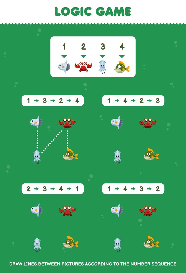 Vector juego educativo para niños dibujar líneas de acuerdo con las secuencias numéricas de dibujos animados lindo pez luna cangrejo calamar piraña imágenes imprimibles hoja de trabajo bajo el agua