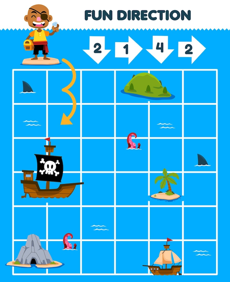Vector juego educativo para niños, dirección divertida, ayuda al hombre calvo a moverse de acuerdo con los números en las flechas, hoja de trabajo pirata imprimible