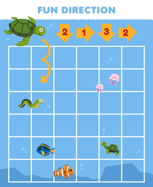 Juego educativo para niños dirección divertida ayuda a la linda tortuga de dibujos animados a moverse de acuerdo con los números en las flechas hoja de trabajo subacuática imprimible
