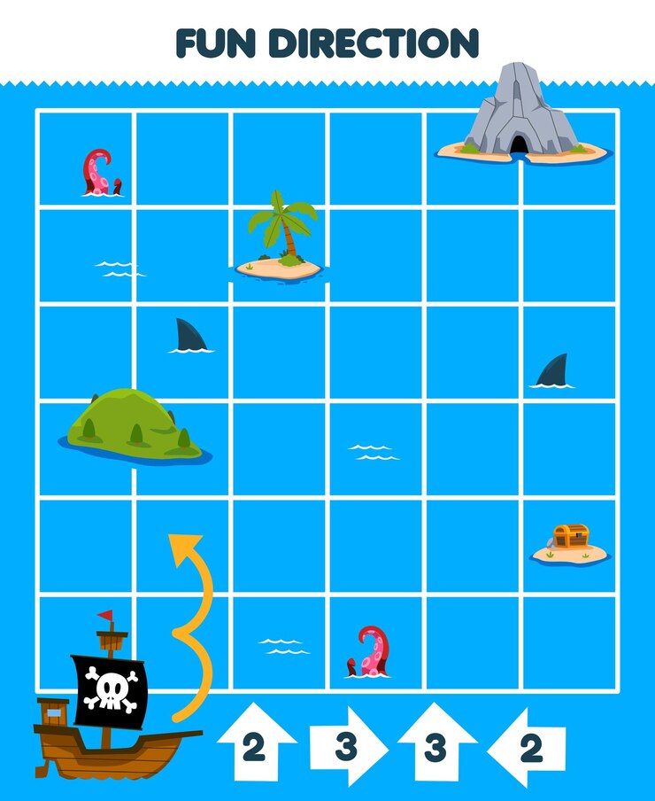 Vector juego educativo para niños dirección divertida ayudar a mover el barco de acuerdo con los números en las flechas hoja de trabajo pirata imprimible