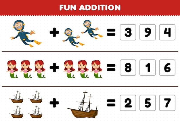 Juego educativo para niños divertido además de adivinar el número correcto de dibujos animados lindo buzo sirena barco naufragado hoja de trabajo subacuática imprimible