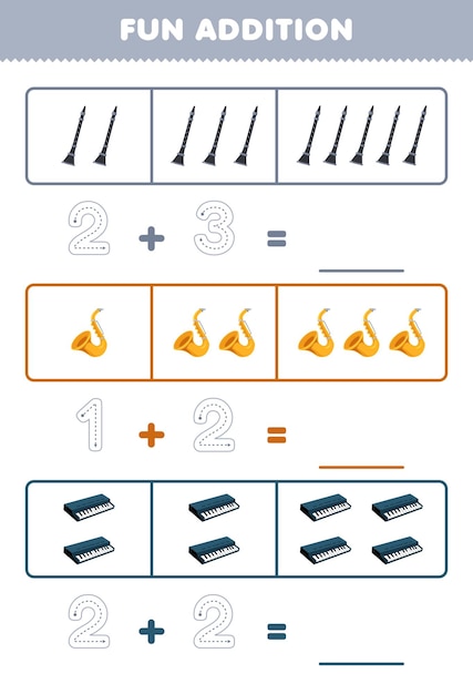 Juego educativo para niños divertido además contando y rastreando el número de dibujos animados clarinete saxofón teclado imprimible hoja de trabajo de instrumentos musicales