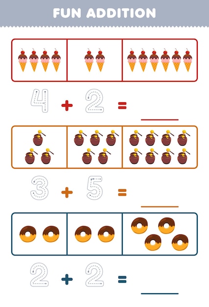 Juego educativo para niños divertido además contando y rastreando el número de dibujos animados lindo helado miel donut imprimible hoja de trabajo de alimentos