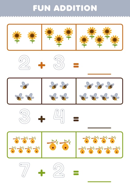 Juego educativo para niños divertido además contando y rastreando el número de dibujos animados lindos girasol abeja colmena hoja de trabajo imprimible granja