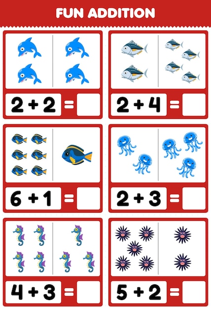 Juego educativo para niños divertido además contando y sumando dibujos animados lindo delfín atún pez medusa caballito de mar erizo imprimible hoja de trabajo bajo el agua