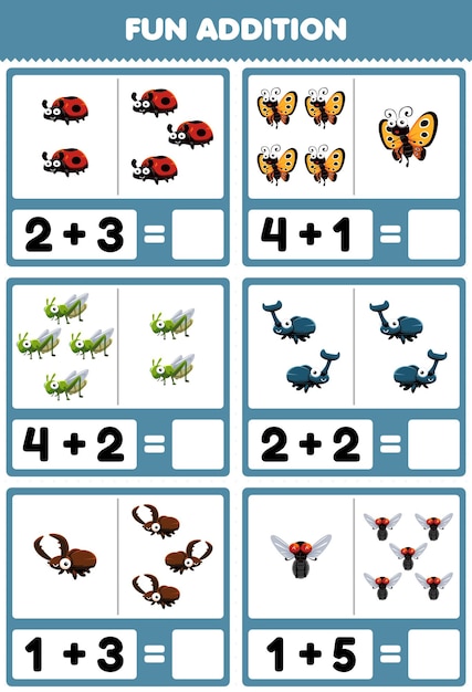 Juego educativo para niños divertido además contando y sumando dibujos animados lindo insecto animal mariquita mariposa saltamontes escarabajo mosca fotos hoja de trabajo