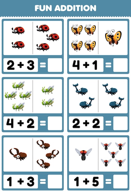 Juego educativo para niños divertido además contando y sumando dibujos animados lindo insecto animal mariquita mariposa saltamontes escarabajo mosca fotos hoja de trabajo