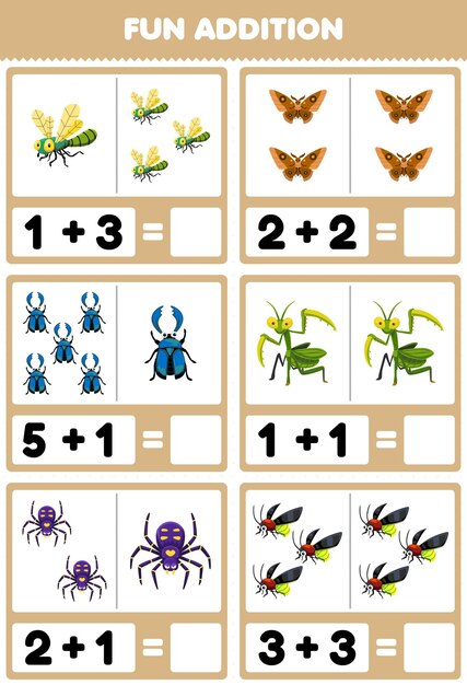 Juego educativo para niños divertido además contando y sumando dibujos animados lindo libélula mariposa escarabajo mantis araña luciérnaga imprimible hoja de trabajo