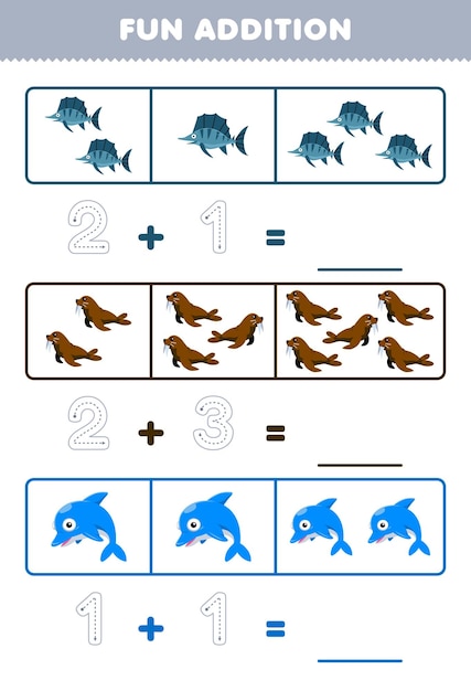 Juego educativo para niños divertido además de contar y rastrear el número de lindos dibujos animados peces morsa delfín hoja de trabajo subacuática imprimible