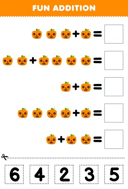 Juego educativo para niños divertido además de cortar y combinar el número correcto para la hoja de trabajo imprimible de halloween de calabaza naranja de dibujos animados lindo