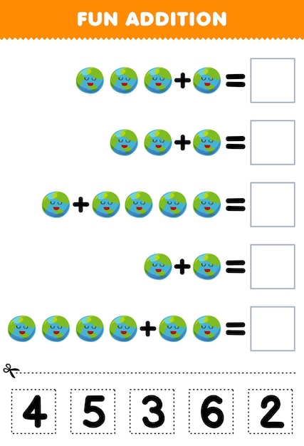 Juego educativo para niños divertido además de cortar y combinar el número correcto para la hoja de trabajo imprimible del sistema solar del planeta tierra de dibujos animados lindo