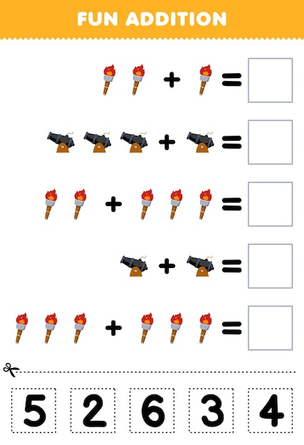 Juego educativo para niños divertido además de cortar y combinar el número correcto para la hoja de trabajo pirata imprimible de la antorcha de dibujos animados lindo y el cañón