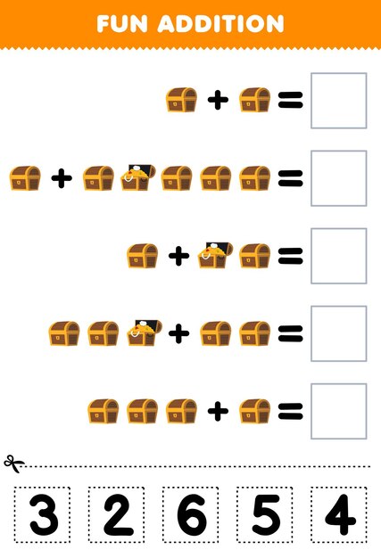 Juego educativo para niños divertido además de cortar y combinar el número correcto para la hoja de trabajo pirata imprimible del cofre del tesoro de dibujos animados lindo