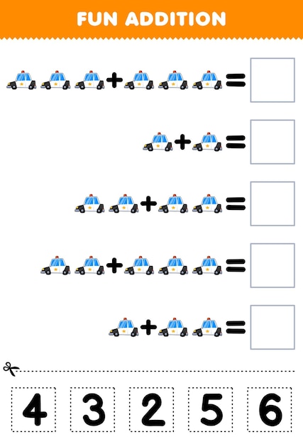 Juego educativo para niños divertido además de cortar y combinar el número correcto para la hoja de trabajo de transporte imprimible del coche de policía de dibujos animados lindo