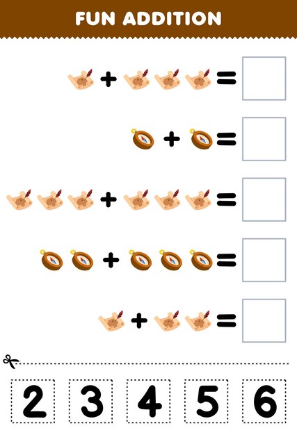 Juego educativo para niños divertido además de cortar y combinar el número correcto para el mapa del tesoro de dibujos animados lindo y la hoja de trabajo pirata imprimible de la brújula