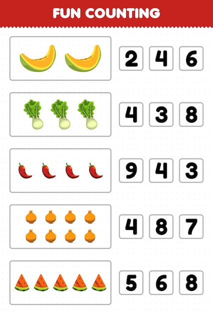 Juego educativo para niños divertido contando y eligiendo el número correcto de dibujos animados de frutas y verduras melón lechuga chile cebolla sandía hoja de trabajo imprimible