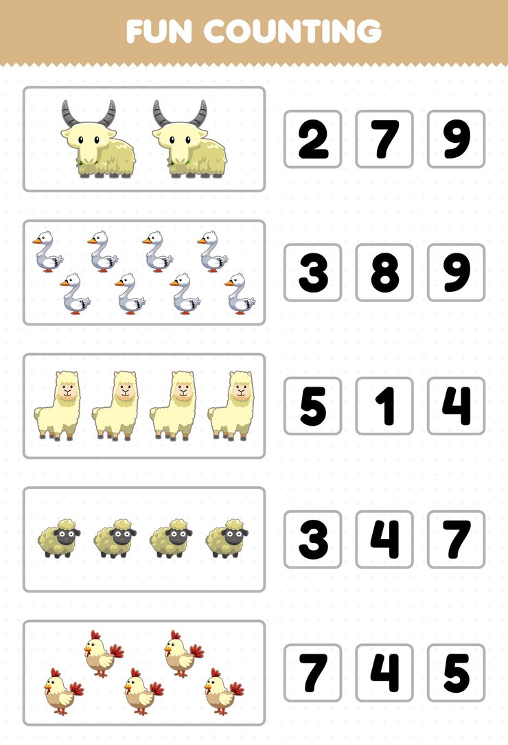 Vector juego educativo para niños divertido contando y eligiendo el número correcto de dibujos animados lindo animal blanco cisne blanco llama oveja pollo hoja de trabajo imprimible