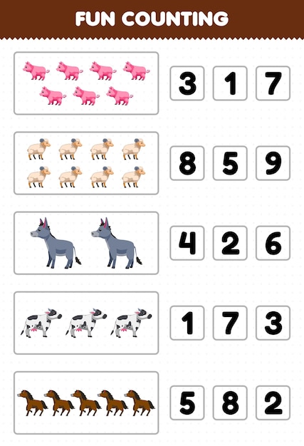 Juego educativo para niños divertido contando y eligiendo el número correcto de dibujos animados lindo cerdo oveja burro vaca caballo hoja de trabajo imprimible granja