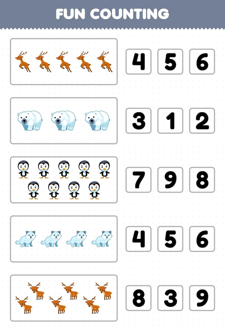 Vector juego educativo para niños divertido contando y eligiendo el número correcto de dibujos animados lindo ciervo oso polar pingüino zorro ártico hoja de trabajo de invierno imprimible