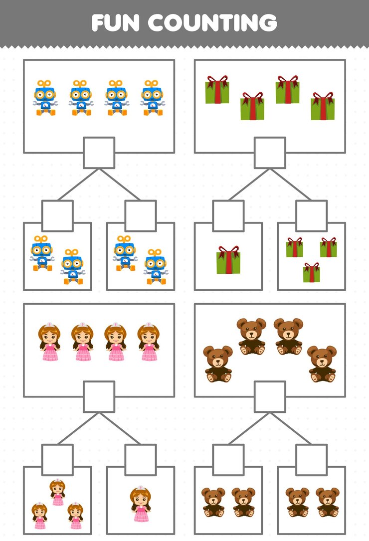 Vector juego educativo para niños divertido contando imágenes en cada caja de caja de regalo de dibujos animados lindo robot muñeca osito de peluche hoja de trabajo de invierno imprimible