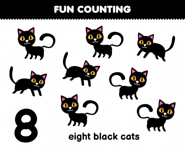 Juego educativo para niños divertido contando ocho gatos negros hoja de trabajo de halloween