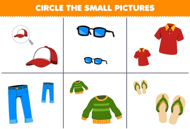 Vector juego educativo para niños, elija la imagen pequeña de una linda gorra de dibujos animados, gafas, polo, jean, suéter, zapatilla, hoja de trabajo portátil imprimible