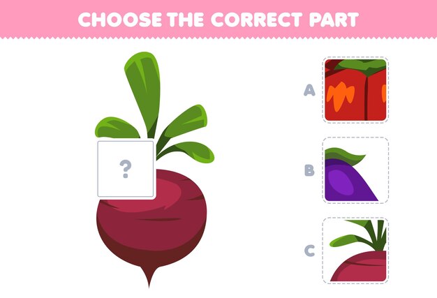 Juego educativo para niños: elija la parte correcta para completar una linda hoja de trabajo de vegetales con imagen de nabo de dibujos animados