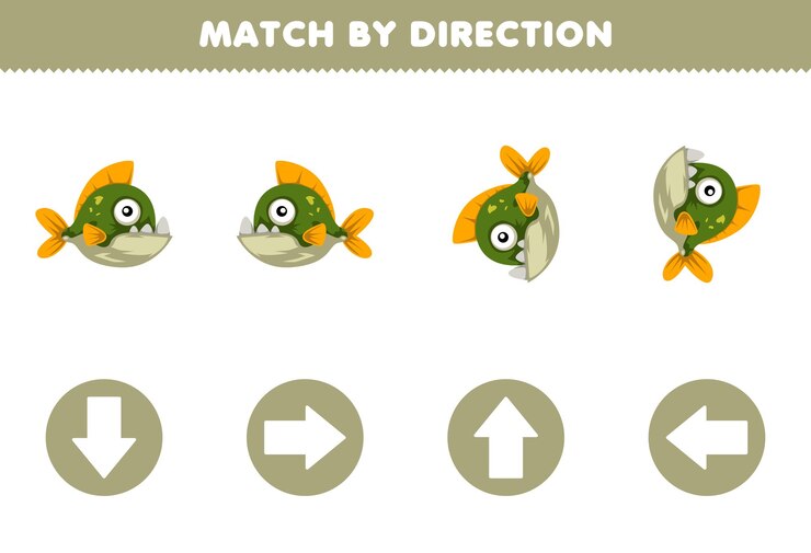 Vector juego educativo para niños emparejar por dirección izquierda derecha arriba o abajo orientación de la hoja de trabajo subacuática imprimible de piraña de dibujos animados lindo