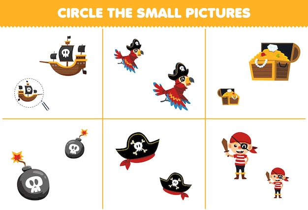 Juego educativo para niños encierra en un círculo la imagen pequeña de dibujos animados lindo barco loro cofre del tesoro bomba sombrero pirata imprimible hoja de trabajo de halloween