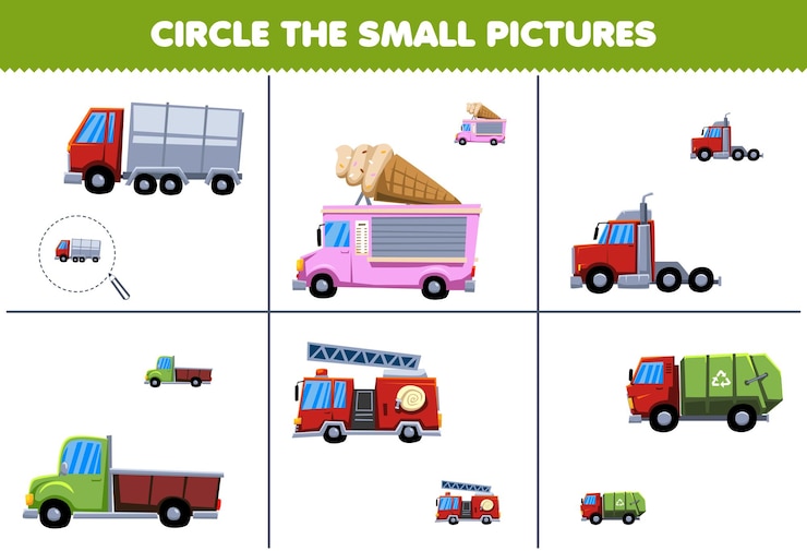 Vector el juego educativo para niños encierra en un círculo la imagen pequeña de la hoja de trabajo de transporte imprimible del camión de dibujos animados lindo