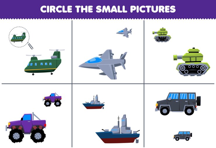 Vector el juego educativo para niños encierra en un círculo la imagen pequeña de un lindo helicóptero de dibujos animados, un carro tanque de combate a reacción y una hoja de trabajo de transporte imprimible de acorazado