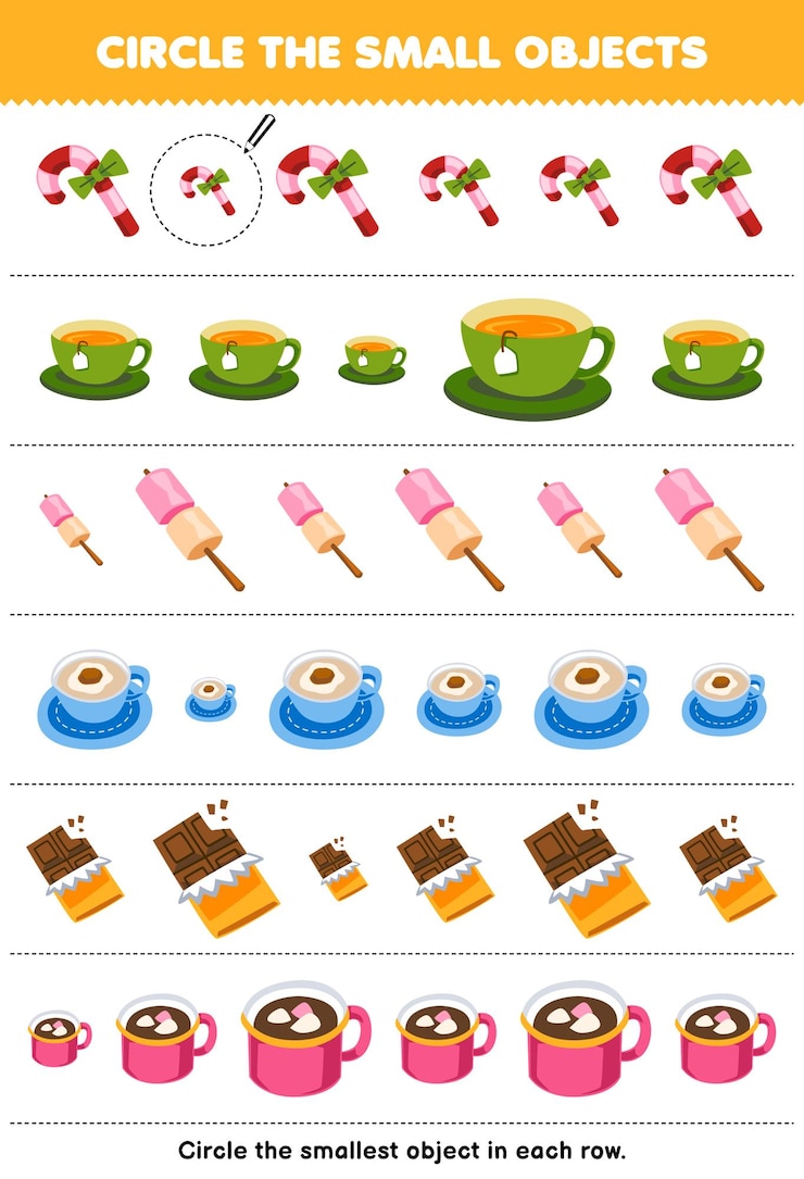 Vector juego educativo para niños encierra en un círculo el objeto más pequeño en cada fila de la hoja de trabajo imprimible de invierno de dibujos animados lindo caramelo té malvavisco café chocolate
