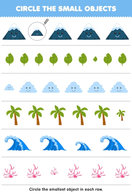 Juego educativo para niños encierra en un círculo el objeto más pequeño en cada fila de la hoja de trabajo de naturaleza imprimible de coral de hoja de montaña de dibujos animados lindo