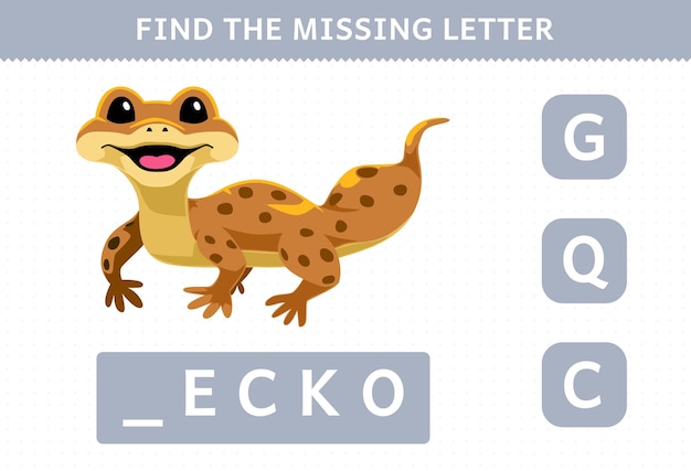 Juego educativo para niños para encontrar la carta desaparecida de un geco lindo hoja de trabajo de mascotas imprimible