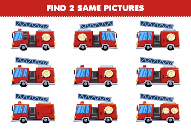 Juego educativo para niños encontrar dos imágenes iguales camión de bomberos de transporte