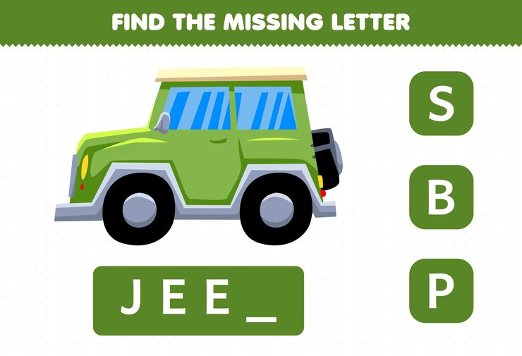 Vector juego educativo para niños encontrar letra faltante lindo transporte jeep coche