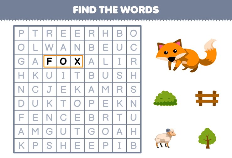 Vector juego educativo para niños encontrar las palabras para lindo dibujo animado zorro árbol arbusto valla y ovejas hoja de trabajo de granja imprimible