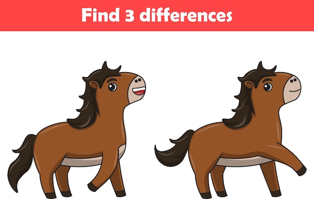 Juego educativo para niños encontrar tres diferencias entre dos caballos animal de dibujos animados vector