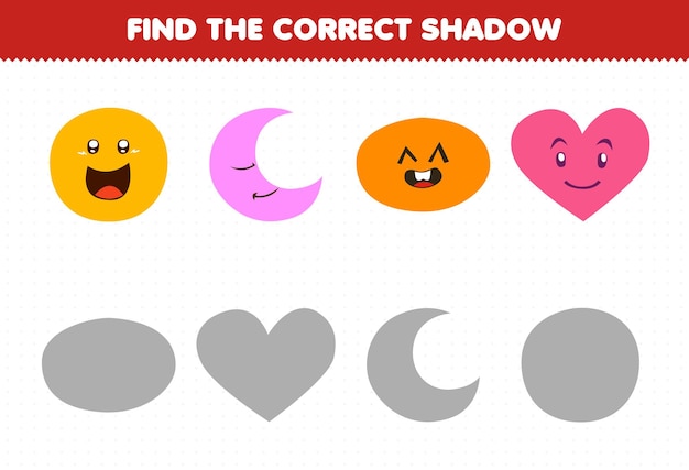 El juego educativo para niños encuentra el conjunto de sombras correcto de dibujos animados lindo forma geométrica círculo media luna corazón ovalado