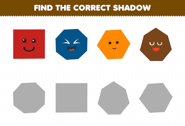 El juego educativo para niños encuentra el conjunto de sombras correcto de forma geométrica de dibujos animados lindo octágono cuadrado heptágono hexagonal