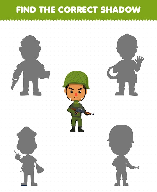 Vector el juego educativo para niños encuentra el conjunto de sombras correcto de la hoja de trabajo imprimible del soldado de profesión de dibujos animados lindo