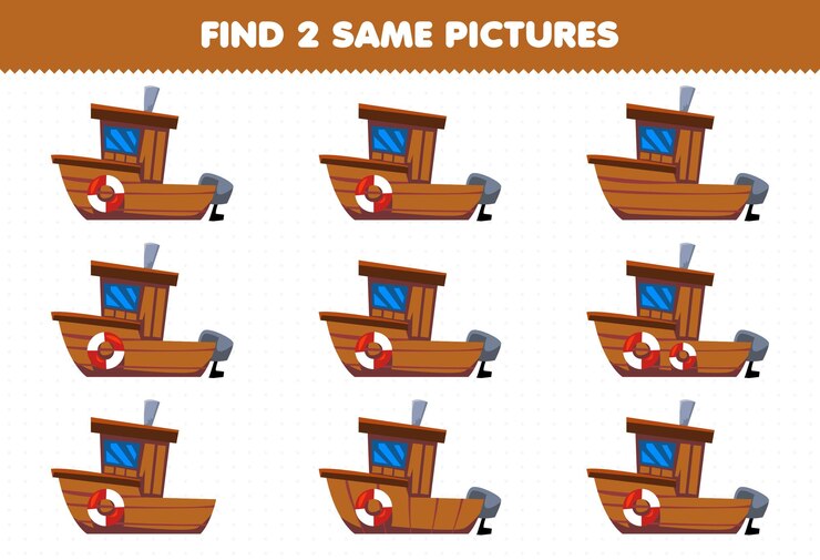 Vector el juego educativo para niños encuentra dos imágenes iguales que transportan un barco de madera.