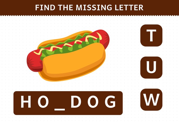 Vector el juego educativo para niños encuentra la hoja de trabajo de hotdog de comida de dibujos animados de letras faltantes